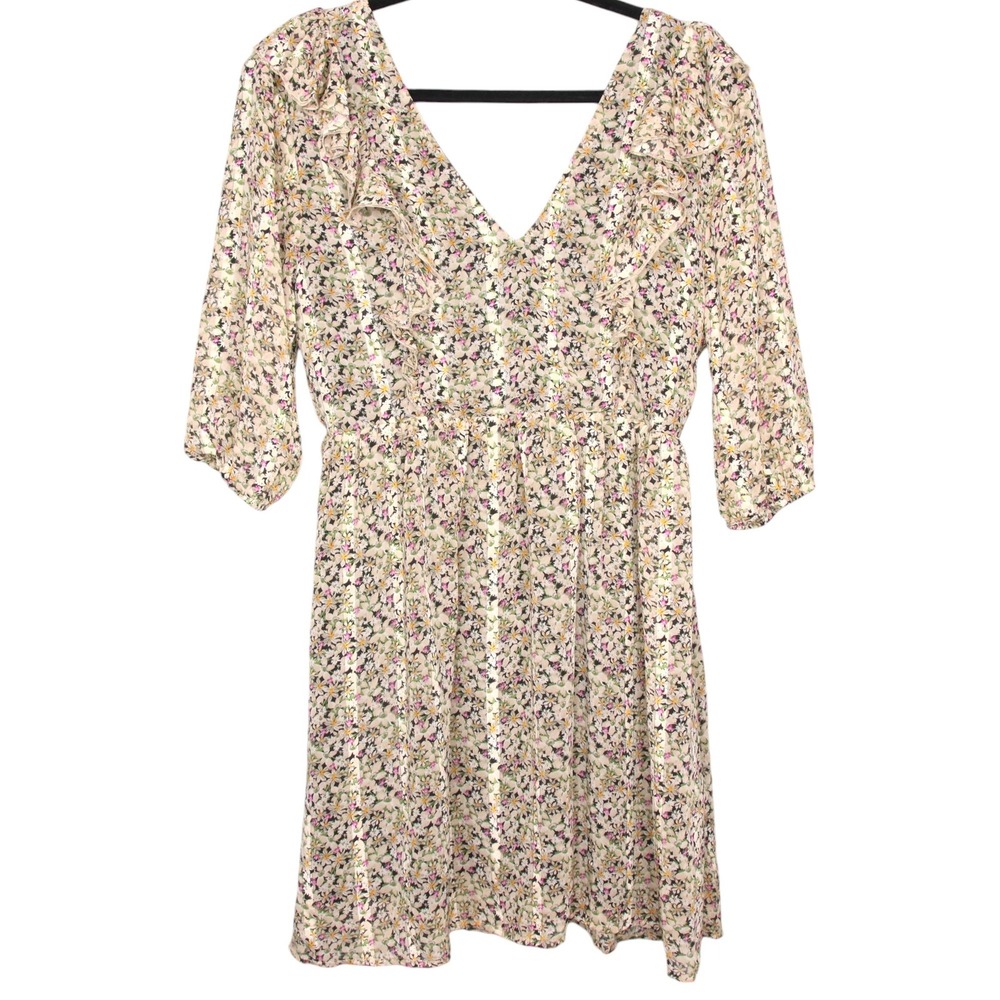 Silk & Salt Floral Print Mini Dress Womens Small V-Neck 3/4 Sleeve Casual Beige